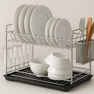 10 Dish Drying Rack with Drainboard 2 Tier Compact Stainless Steel Dish Drainer Kitchen Countertop Utensil Holder Storage