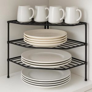 11 Corner Plate Rack Organizer 3 Tier Kitchen Cabinet Storage Shelf Corner Countertop Display Stand for Dinnerware Dishes