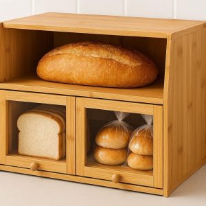 12 Bamboo Bread Box for Kitchen Countertop 2 Layer Large Capacity Bread Keeper Storage Bin Organizer with Adjustable Shelf