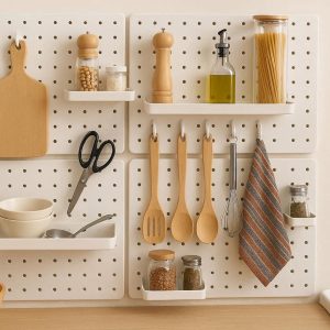 14 Aesthetic Pegboard Kitchen Wall Organizer Modular Storage Rack Plastic Hanging Peg Board Panels Set with Shelves Hooks