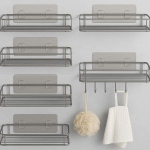 16 Adhesive Shower Caddy Organizer Pack of 5 Rustproof Stainless Steel Bathroom Storage Shelf Wall Mounted Basket Hooks