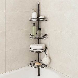 17 Tension Pole Shower Caddy 4 Tier Adjustable Bathroom Corner Shelf Rustproof Metal Organizer Tower for Tub