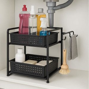 2 Under Sink Organizer 2 Tier Sliding Storage Drawer Basket Multi Purpose Kitchen Cabinet Rack with Hanging Hooks