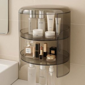 21 Rotating Bathroom Corner Shelf Punch Free Wall Mounted Vanity Organizer Acrylic Cosmetic Storage Rack with Cover