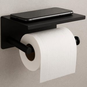 24 Toilet Paper Holder with Shelf Wall Mounted Matte Black Tissue Roll Dispenser Stainless Steel Storage Phone Rack