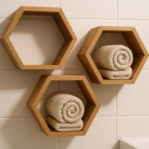 26 Hexagonal Wooden Bathroom Wall Shelves Geometric Floating Display Rack Decorative Hanging Shadow Boxes Set for Towels