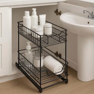 28 Sliding Under Cabinet Drawer 2 Tier Wire Storage Basket Pull Out Organizer Vanity Shelf for Bathroom Sink