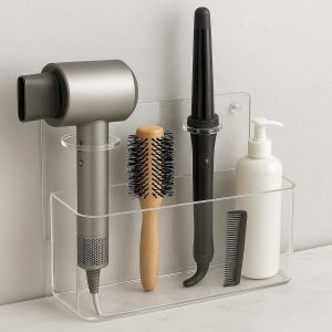 29 Hair Dryer Holder Wall Mounted Hair Care Tools Organizer Acrylic Styling Wand Rack Bathroom Countertop Storage Box