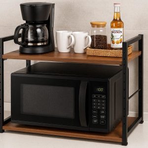 5 Adjustable Kitchen Countertop Organizer Rack 2 Tier Wood Metal Storage Shelf Standing Microwave Stand for Coffee Bar