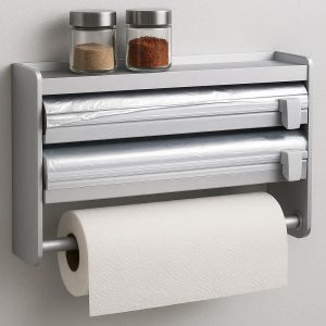 8 Wall Mounted Paper Towel Holder Rack Aluminum Kitchen Roll Dispenser Spice Shelf with Foil Cling Wrap Cutter