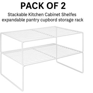 9 Stackable Kitchen Cabinet Shelves Pack of 2 Metal Wire Countertop Storage Racks Expandable Pantry Cupboard Shelf Organizers